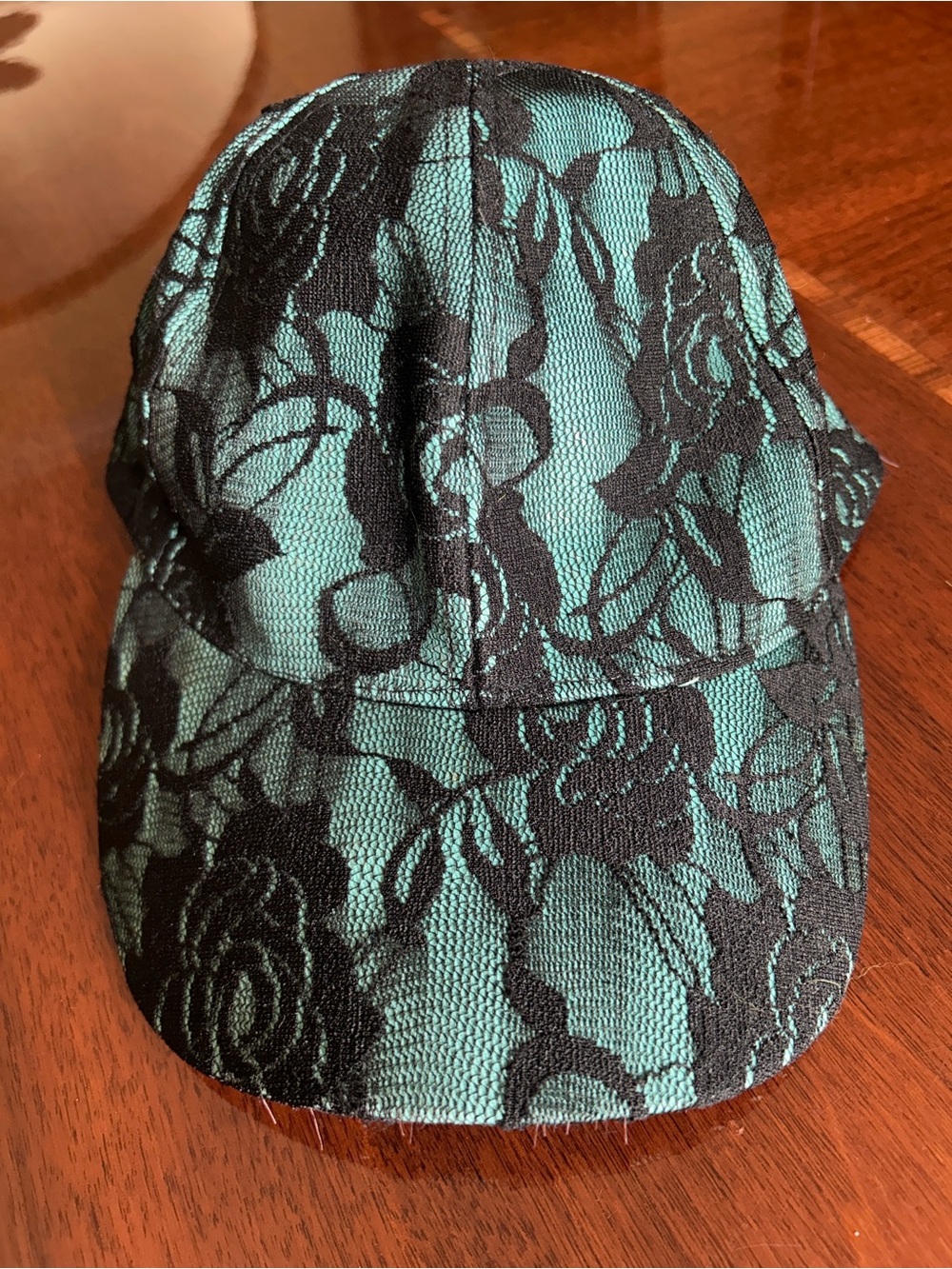 chatties Teal Cap with Black Lace Overlay rose pattern adjustable